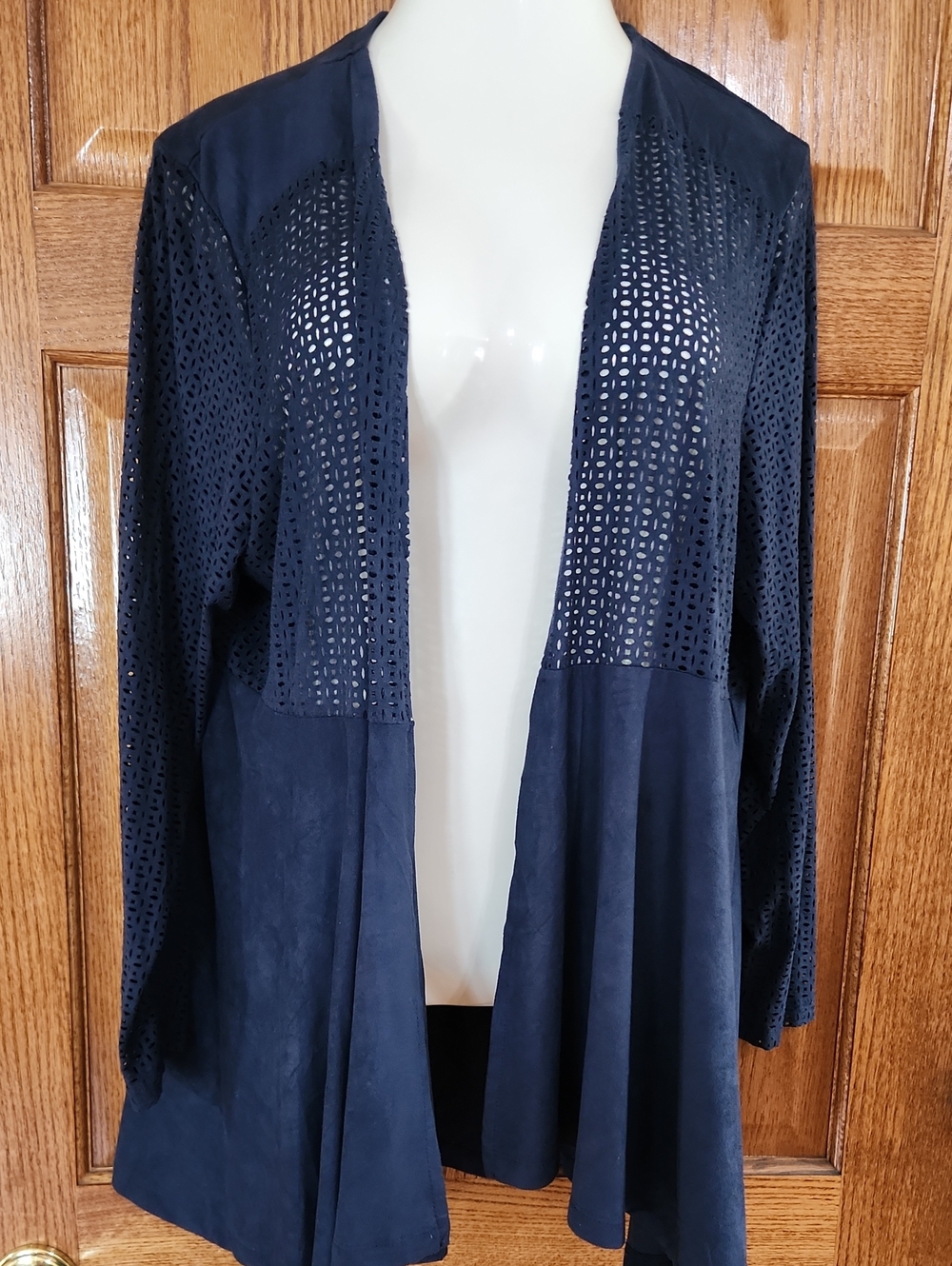 Catherines Navy Open-Front Laser-Cut Cardigan 1X